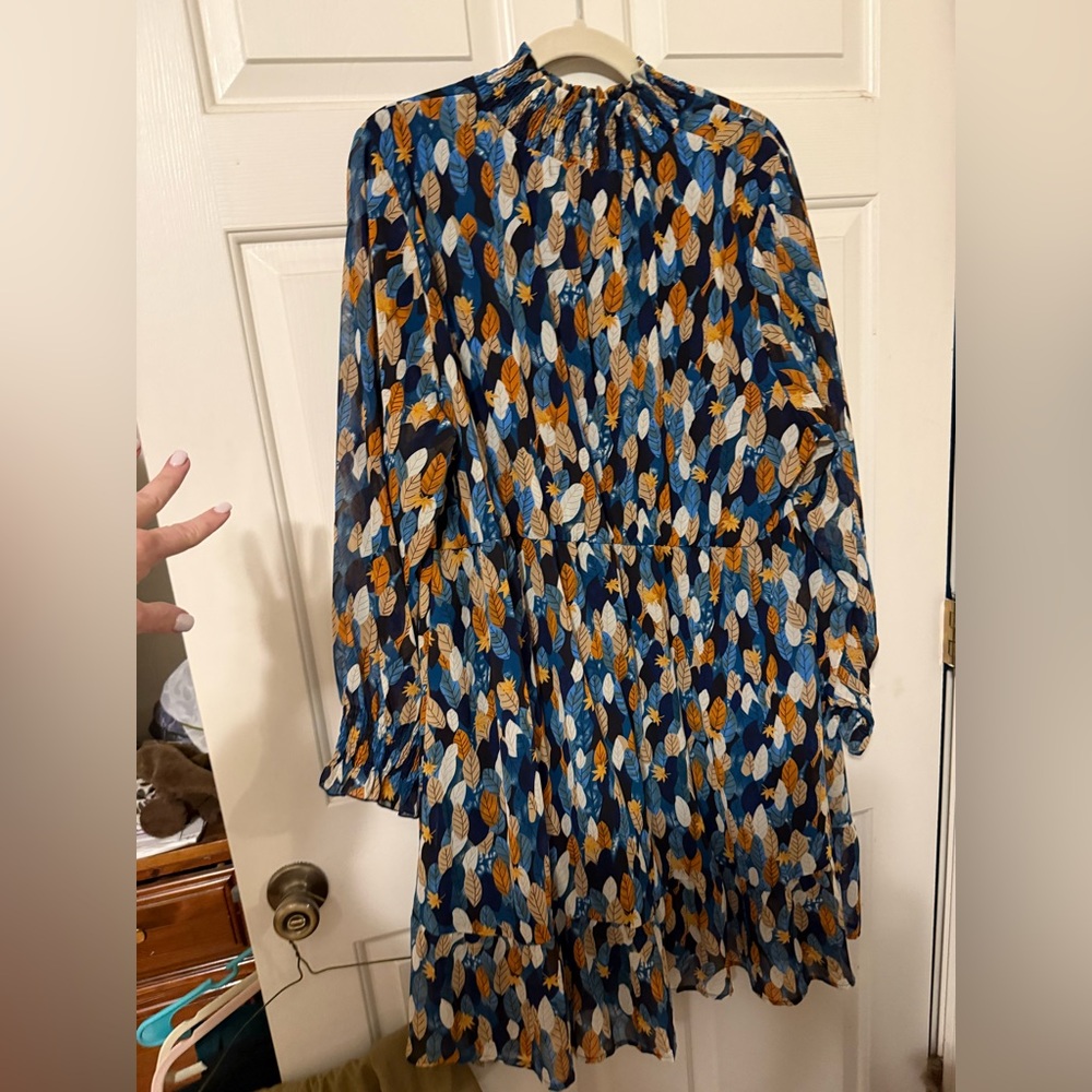 SHEIN Blue and Orange Leaf Print Midi Dress 3x